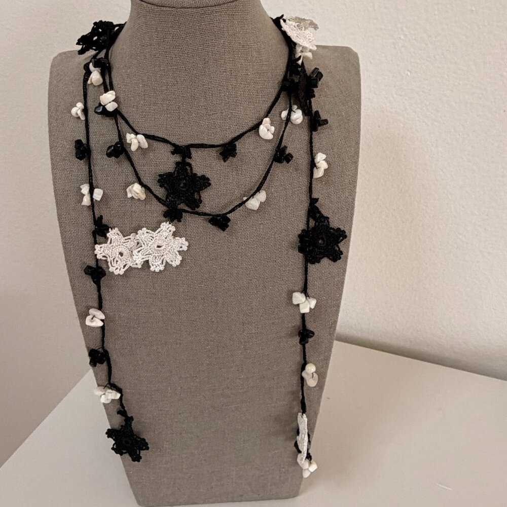 Turkish Handmade Black and White Floral Oya Necklace -Lightweight Jewelry